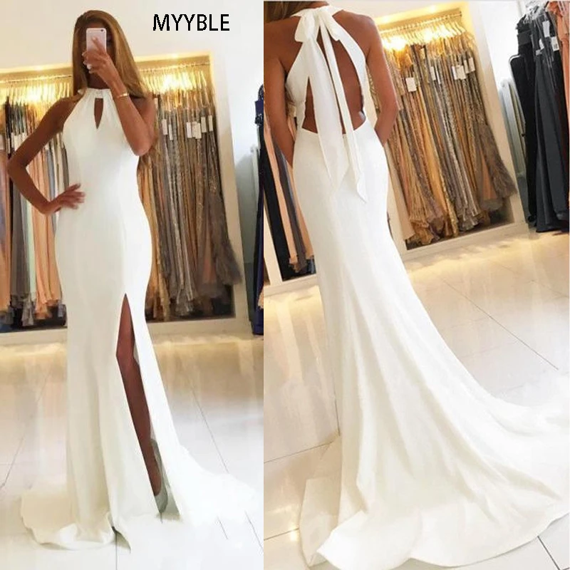 Myyble Prom Jassen Custom Made Wit Halter Avondjurken Side Slit Mouwloze Simple Open Back Mermaid Lange Formele Party jurken