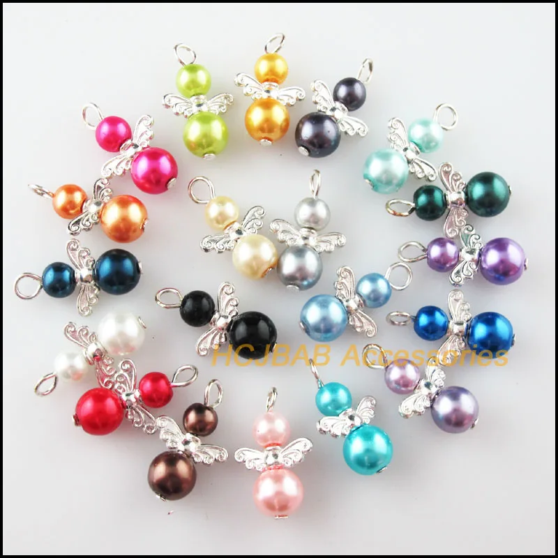 20Pcs Silver Plated Angel Mixed Ball Glass Pearl Beads Charms Pendants 14x21mm