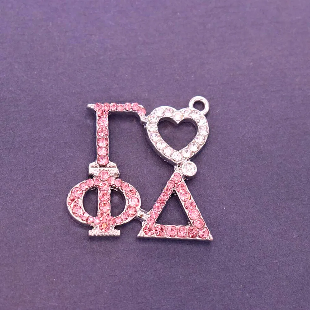 New Design Metal Alloy Pink Crystal Greek Letter Heart Love Gamma Phi Delta Charm Pendants For Bracelet Necklace Making