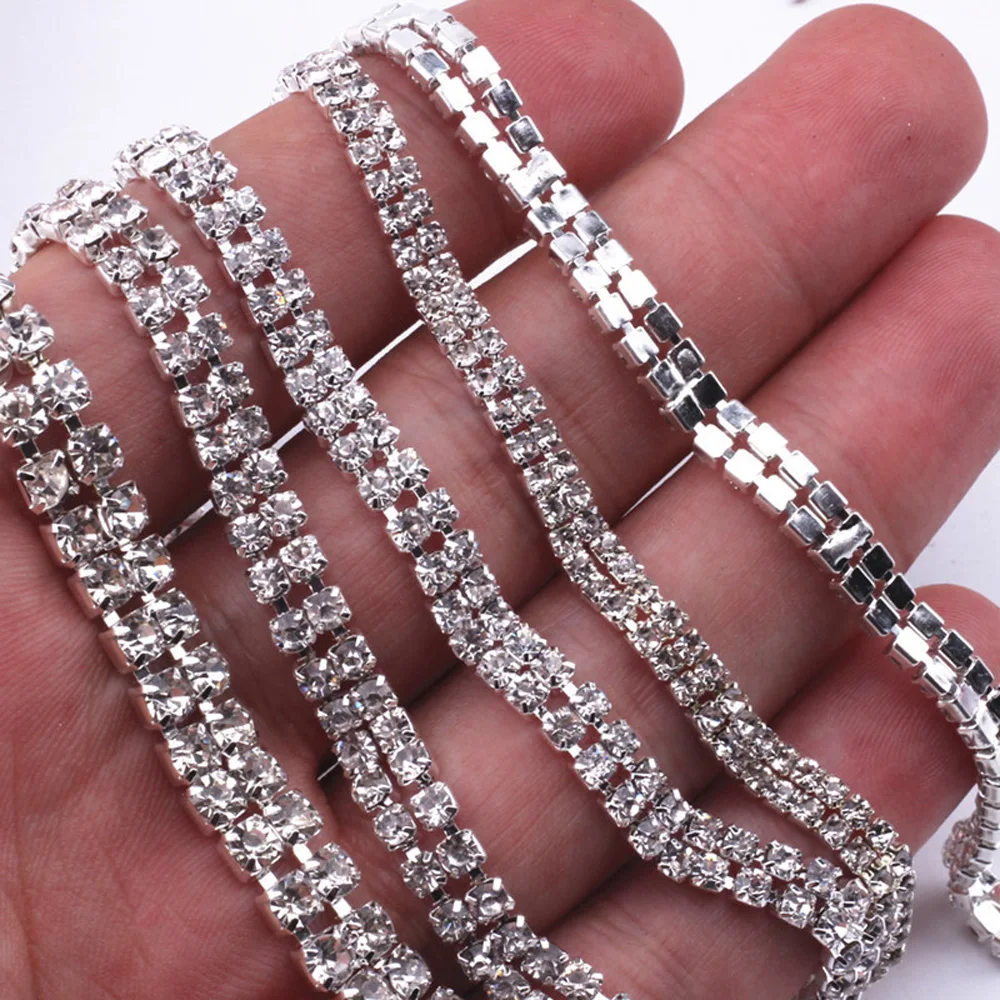 1Yard SS12 Sewing Rhinestone Chain  for Dress Decoration Crystal Clear Glue on Silver base Sew on Chain for Clothing Bags Shoes