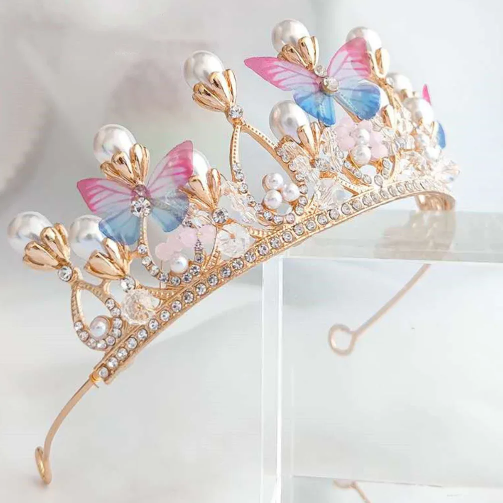 Fashion Crystal Princess Crown Rhinestone Tiara for Girl Birthday Wedding Model Catwalk Queen Crown Pearl Butterfly Hair Jewelry