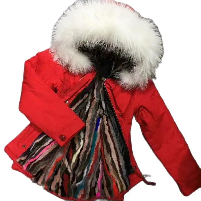 Fashionable Fox Fur Parka Pink Lined Out Coat For Women With Pretty Colorful Raccoon Fur Collar