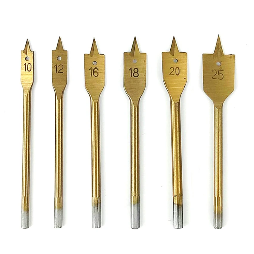 

6pcs Three-point Titanium-plated Hex shank Woodworking Flat Drill Bit For Wood Hole Opener Puncher Drill Bit Tools 10-25mm