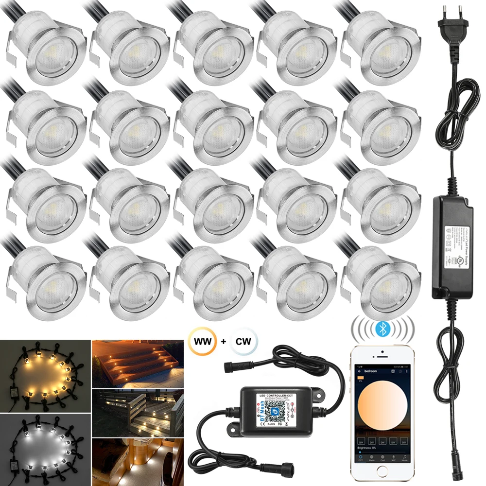 Lampes LED WW + W + CW CCT interchangeables, 3 en 1, 30mm 12V, pour extérieur, cour, chemin, escaliers, Patio, plancher, IP67, contrôleur Bluetooth, 20 pièces