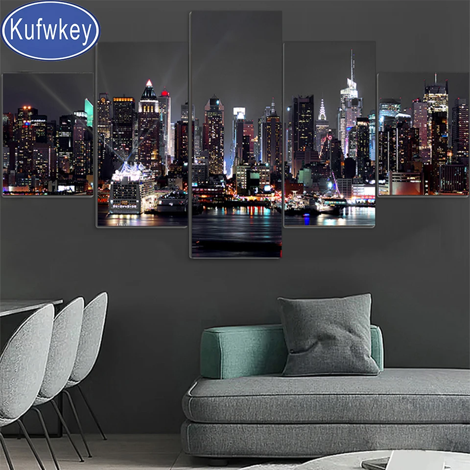 

5D DIY Diamond Painting New York City Night Building 5 Pieces Picture Of Rhinestones Diamond Mosaic Diy Handmade Hobby Decor,