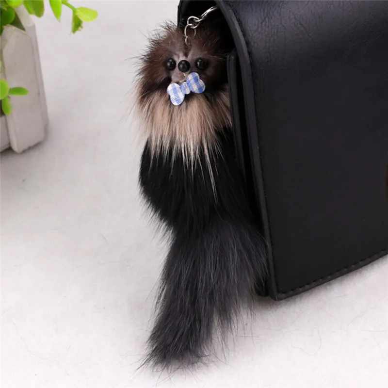 17cm Simulation Fox Fur Pompon Keychain Animal Mouse Key Chain Car Hanging Pendant Silver Plated Bag Hanger