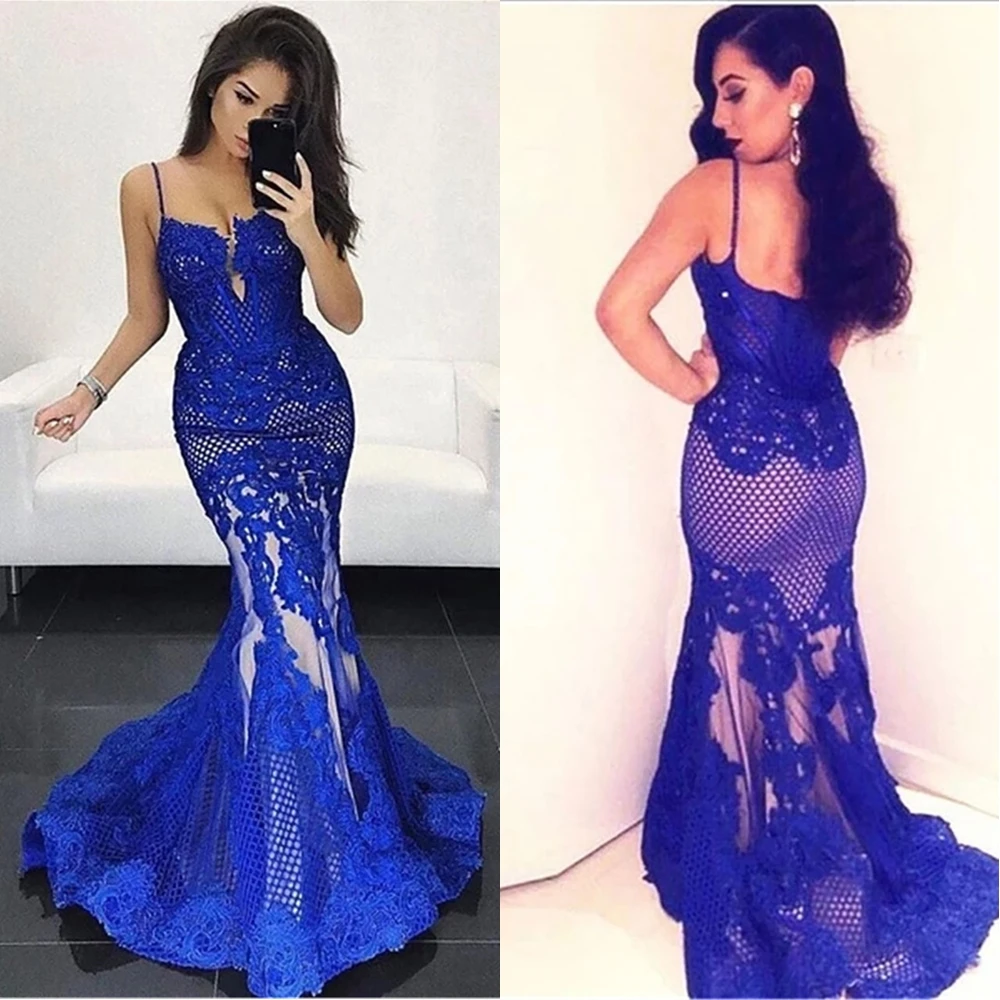 

Sleeveless Formal Dresses Backless Prom Party Gown Floor-Length Evening Dress Mermaid Trumpet Spaghetti V-Neck NONE Train