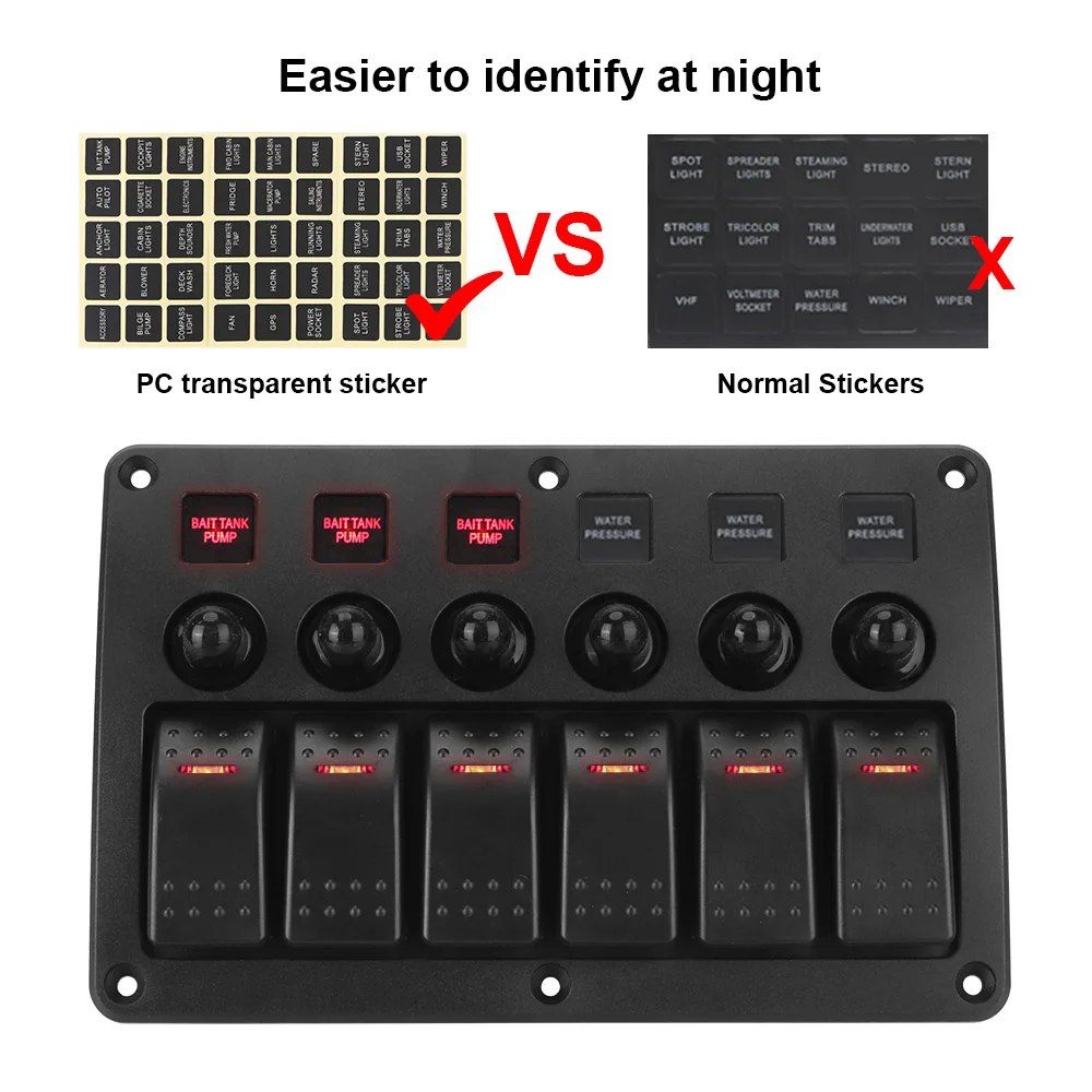 Waterproof LED Light Car Switch Panel with Sticker Marine Rocker Switch Panel 12~24V Circuit Control 6 Gang Interior Parts