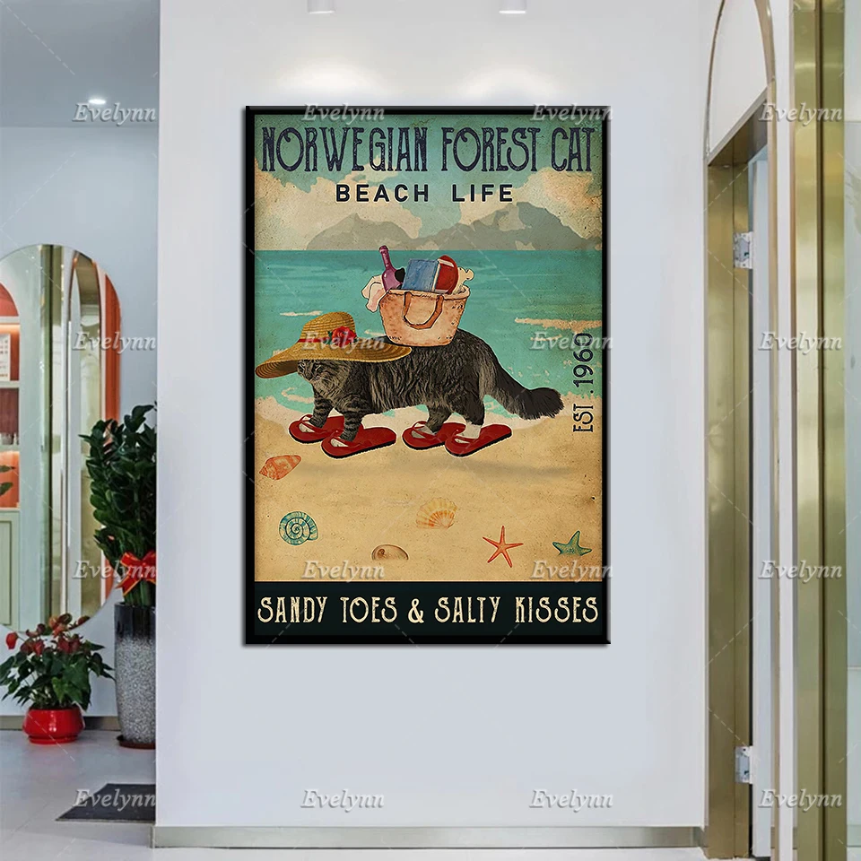 

Norwegian Forest Cat Lovers Beach Life Sandy Toes Salty Kisses Retro Poster Wall Art Prints Home Decor Canvas Unique Gift