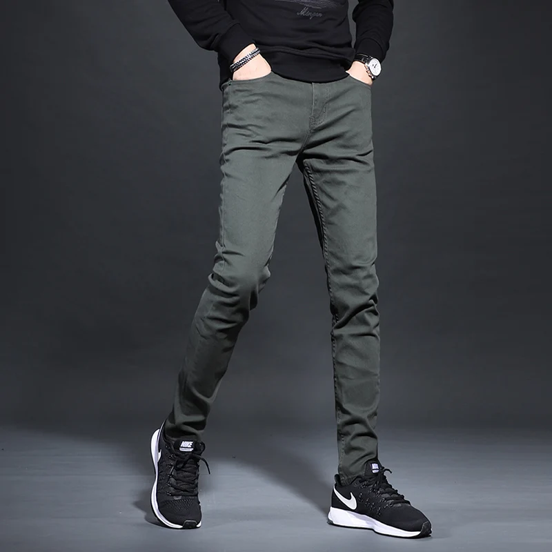 Men Army Green Stretch Jeans Korean Style Mens Straight Slim Fit Pants Fashion Casual Solid Color Denim Trousers