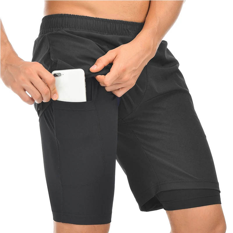 

New Double Jogger Shorts Men 2 in 1 Short Pants Gyms Fitness Built-in pocket Bermuda Quick Dry Beach Shorts Male Sweatpants