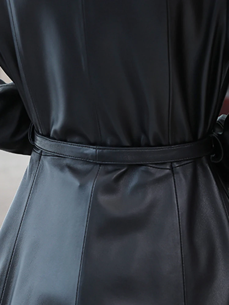 Nerazzurri Autumn Designer Long women Soft Pu leather coats long sleeve belt Black leather trench coat women Korean fashion 2021