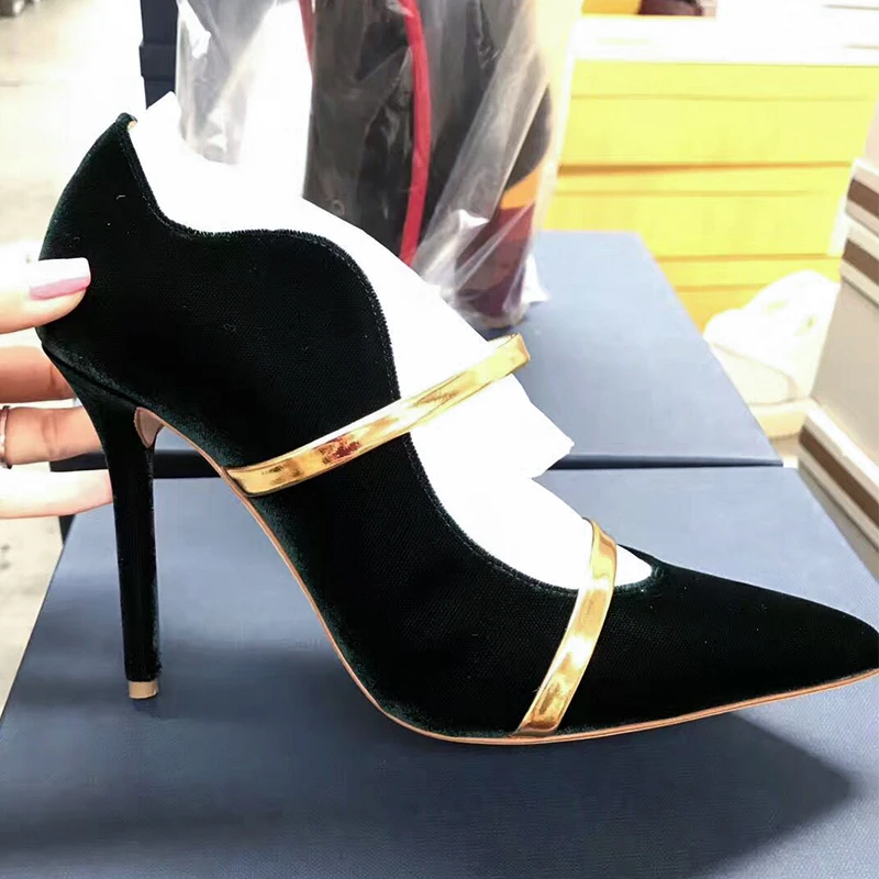 Chic Ladies Gold Double Straps Velvet Pumps Pointed Toe Shiny Thin Straps Thin High Heel Ladies Party Outfit Shoes