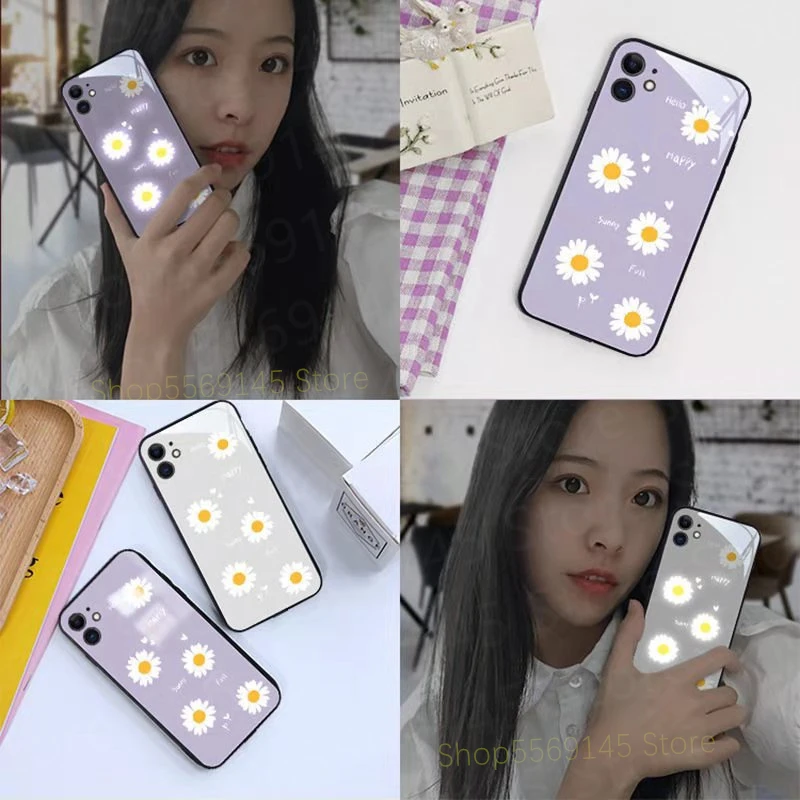 Incoming Light Flash Back Shell Case For iPhone 12 Mini 11 Pro 7 7 8 Plus X XS Max SE Tempered Glass Purple Daisy Flower Cover