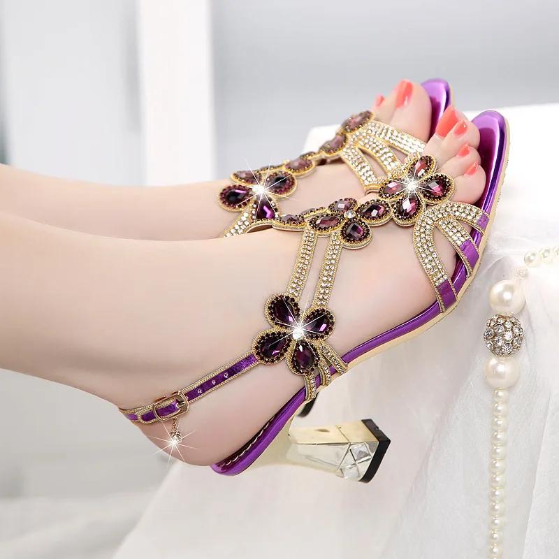 

Women Sweet Fashion Rhinestone Sandals Female Open Toe Dress Party Banquet Wedding Bridesmaid Shoes Thick High Heels Gold C0010