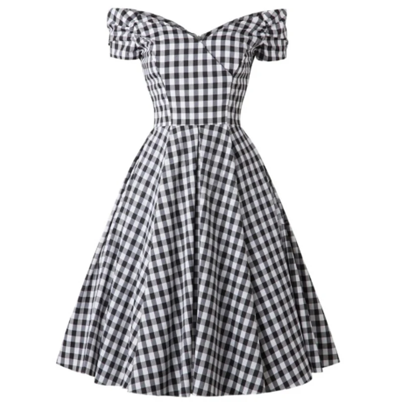 Retro Vintage 50s Rockabilly Casual Dress Off The Shoulder Black Plaid England Style Casual Party Dresses Pin Up Women Clothing