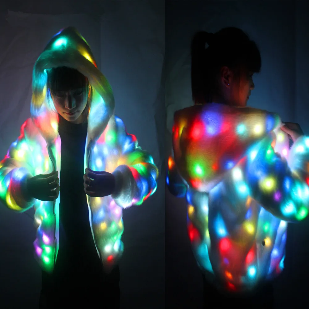 LED Luminous Faux Fur Coat Lady Bar Dance Show Nightclub Clothes, LED DJ Costumes. Christmas, Halloween Party, Cospaly Suit