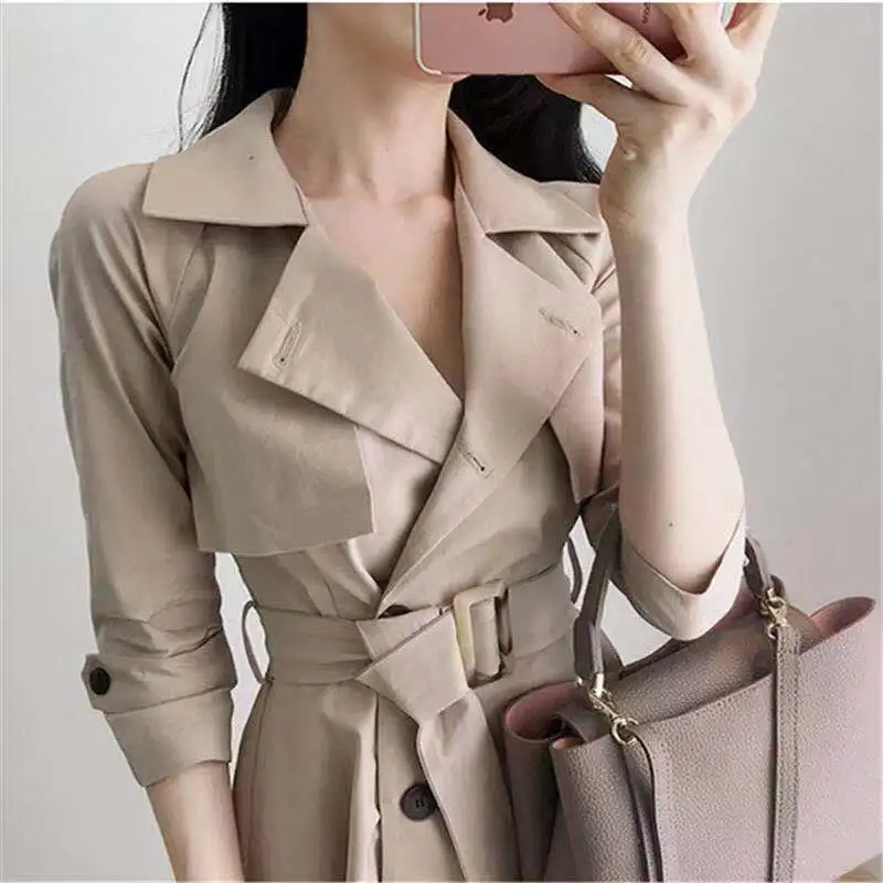 Geul Dames Effen Abrikoos Elegant Casual Koreaanse stijl Gekerfd Slanke jassen Street chic All-match Button-up Uitloper Dames Stijlvol