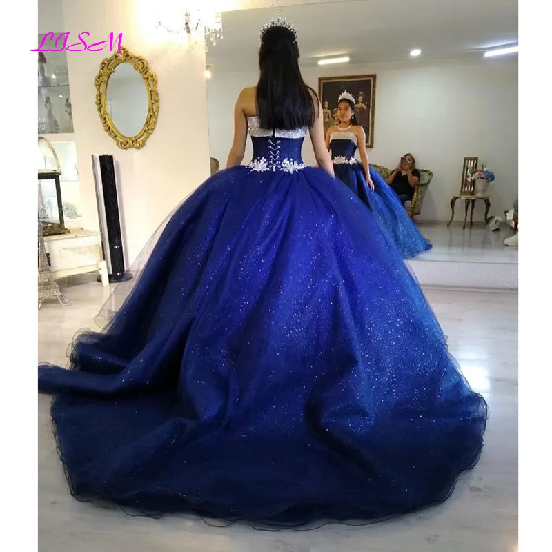 Glitter Sequins ROYAL BLUE BallชุดQuinceaneraชุดลูกไม้Appliques PUFFYสาว 15 ปีชุดวันเกิดหวาน 16 Gowns