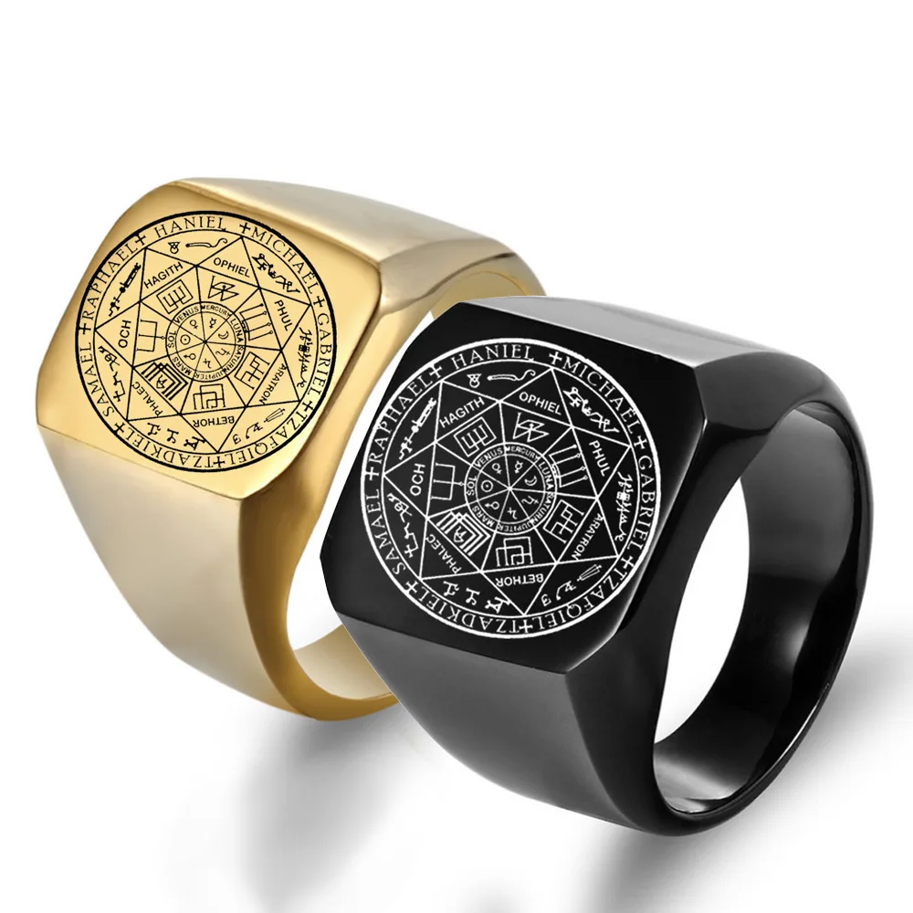 The Seals of The Seven Archangels Rings Protection Amulet Seal Solomon Kabbalah Mens Womens Stainless Steel Polished Band Gifts