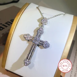 925 Sterling Silver Trendy Handmade Cross Pendants Necklaces For Women Men Zircon Inlay Charms Necklace Chain Unisex Jewelry