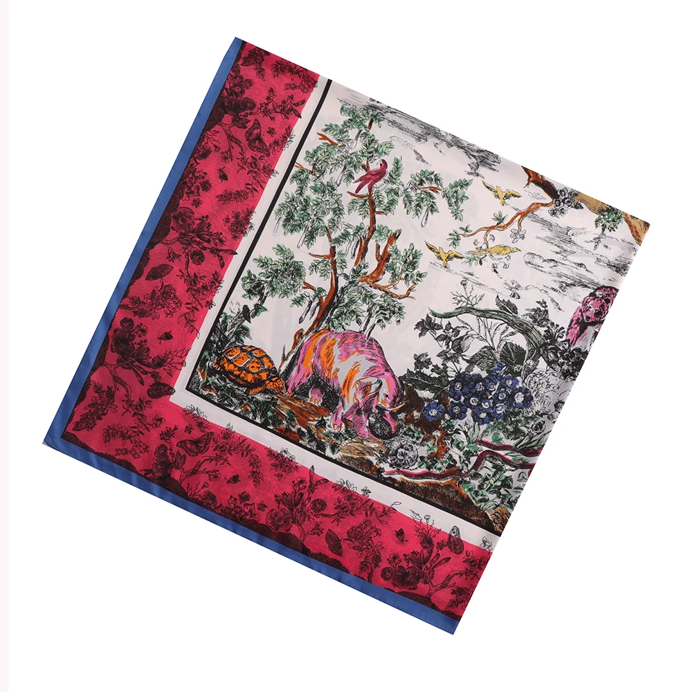 130cm Luxury Brand Scarf New Design Zoo Twill 100% Silk Scarf Women Square Scarves Kerchief For Ladies Bandana Shawl Echarpe