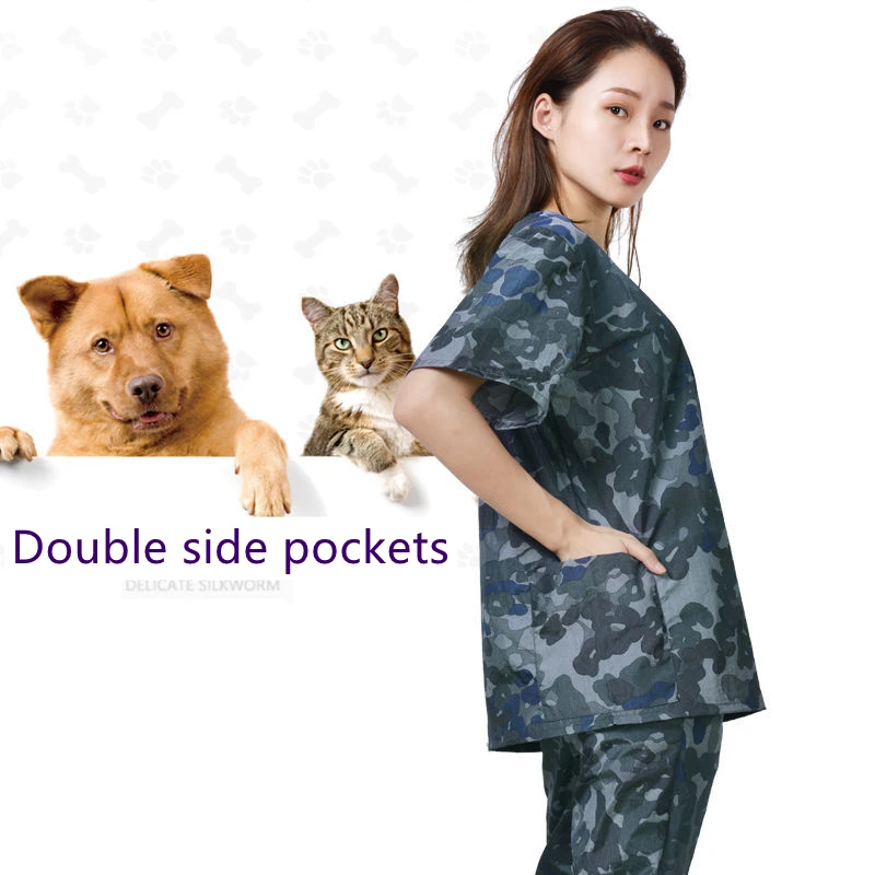 Pet Dog Grooming Work Clothes Pet Shop Uniforms Camouflage Pants Short Sleeved Waterproof Top Hair Salon Hairdresser Gown Y0625