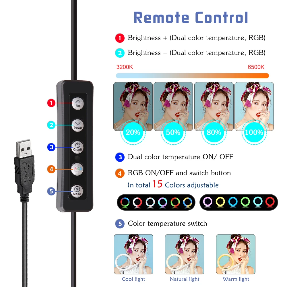 14 inch 35.6cm RGB Ring Light Tripod LED Round Lamp Selfie Stick Tripod with Stand RGB 15 colors Video Light for Youtube