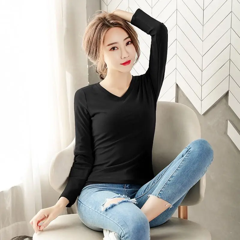 Cotton Tops Women Autumn Winter Long Sleeve Basic Tshirts Female Elegant V-neck Casual Tees Mujer Solid Fit T-shirts Pullovers