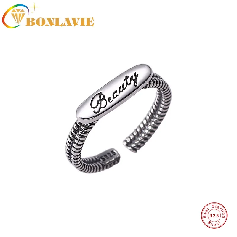 BONLAVIE 925 Sterling Silver Alphabet Letters Ring Women's Retro Joint Ring Fashion Compact Open Single Ring