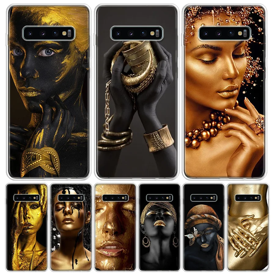 African Art Black and Gold Woman Oil Phone Case For Samsung Galaxy S24 S22 S23 Ultra S20 FE S10 S21 Plus S10E S9 S8 + Coque Back