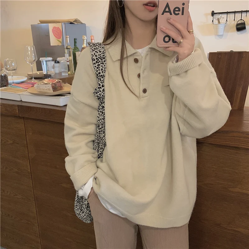 2021 korean style loose Turn Down Collar knitted sweaters womens Casual sweaters and pullovers Female (N0252)