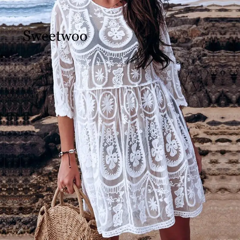 Sexy Transparent Mesh Beach Dress Women White Lace Swimsuit Female Cover Ups Female Hollow Out Swimwear Cover Up Beach Wear