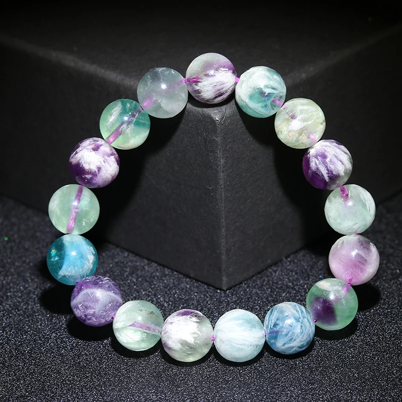 6-12mm AAA Natural Crystal Rainbow Feather Fluorescen Round Gem stone Beads Stretchable Bracelet -8