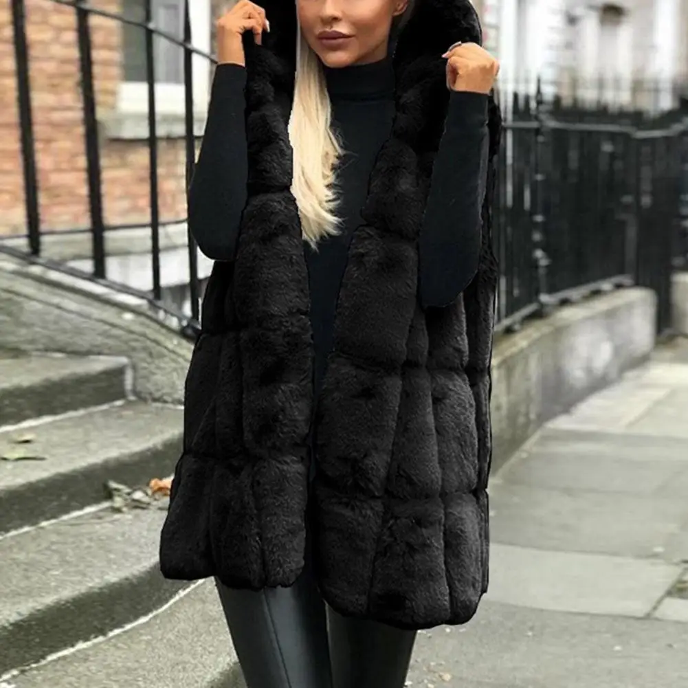 Winter Thick Vest Jacket Faux Fur Casual Solid Color Hooded Waistcoat Long Knit Oversize Women Jacket Vest