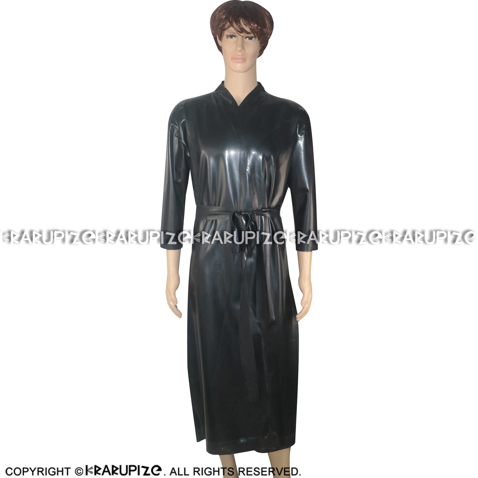 Black Sexy Latex Night Robe With Lacing At Front Rubber Coat Jacket YF-0281