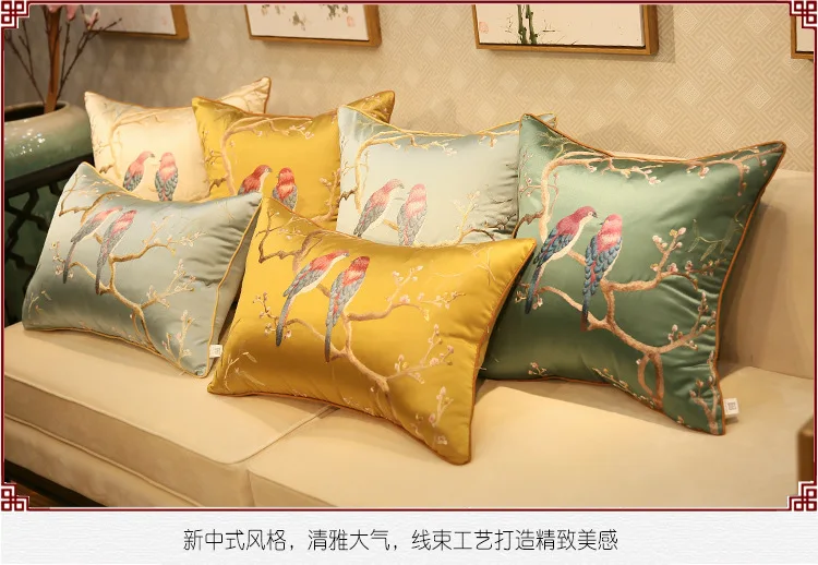 Sparrow Embroidered Sofa Cushion Cover Chinese Style Birds Pillow Cases Blackish Green Throw Pillow Cover Home Chair Decoraion