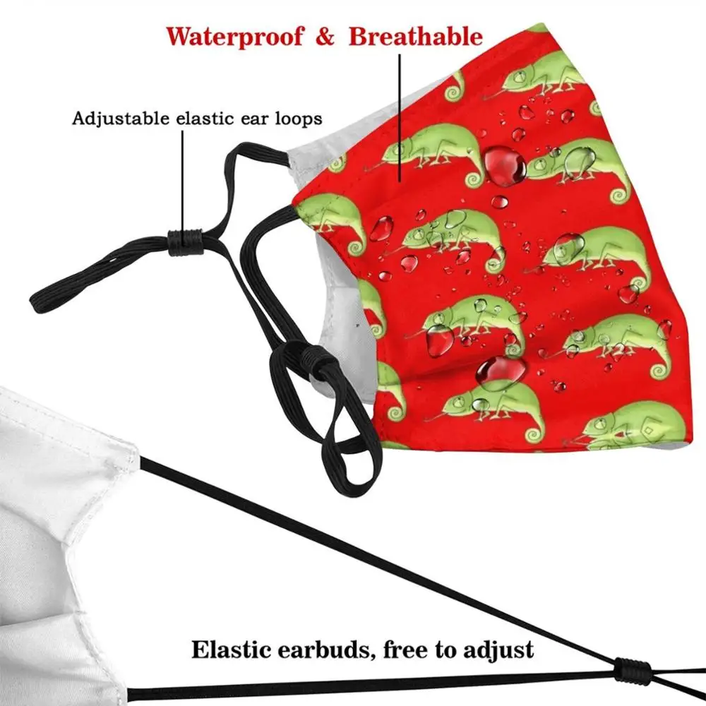 子供と大人のための緑のカメレオンデザインマスク,洗える再利用可能な保護フィルター,PM2.5フィルター,カメレオン,爬虫類,緑,野生動物