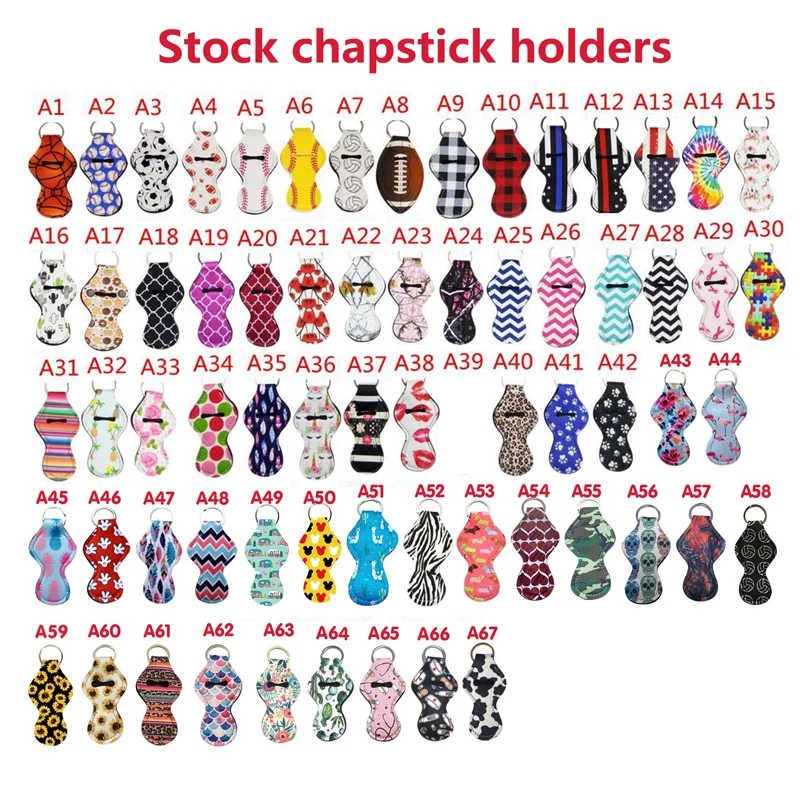 

200pcs/lot fast shipping 67 Style stock Neoprene keychain chapstick holder for sale