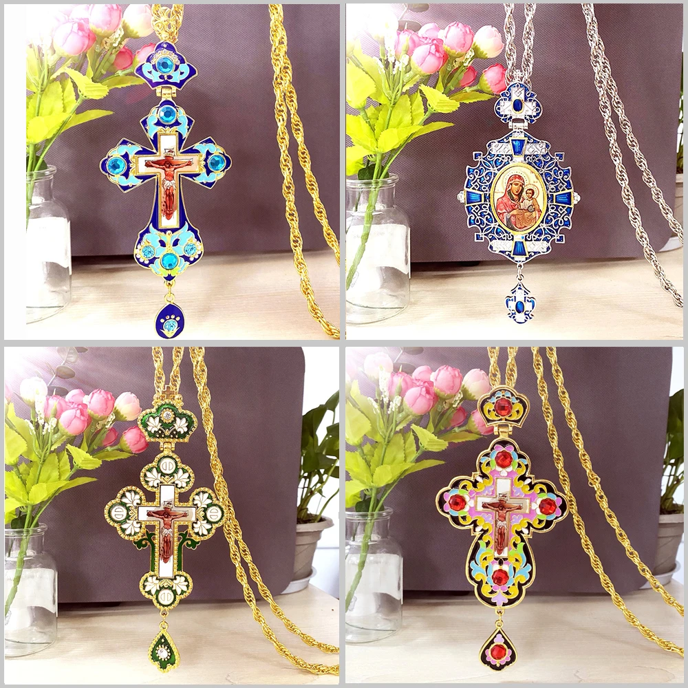 Religious Jesus Cross Pendant  Necklace Long Chain Christian Orthodox Pectoral Enamel Colorful Oil Virgin Mary Priest Church