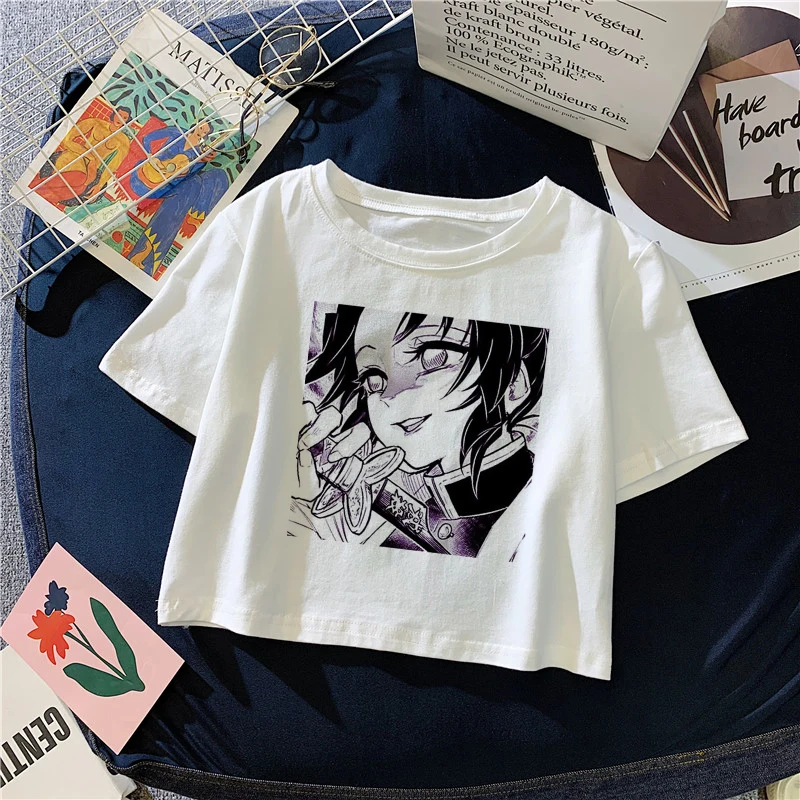 Camiseta corta Y2K para mujer, Top de Manga japonesa Demon Slayer, No Yaiba Kimetsu, Top corto bonito, camiseta de Anime de verano, ropa para mujer