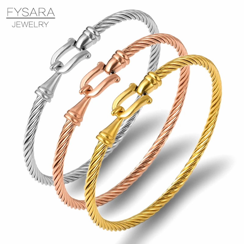 FYSARA Trendy Charm Cuff Bracelets Bangles for Women Gold Color 316L Stainless Steel Wire Thin Bangles Jewelry