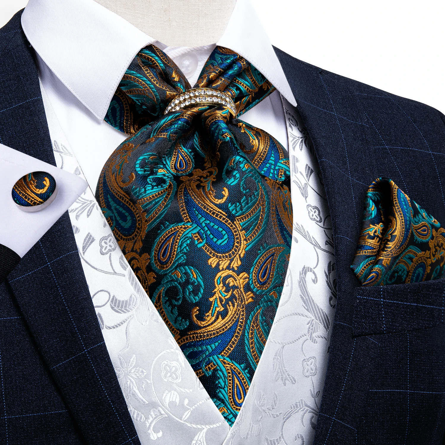 Men's Ascot Vintage Teal Green Gold Paisley Classic Wedding Formal Cravat Self Ties Gentleman 100% Silk Neck Tie Scarf DiBanGu