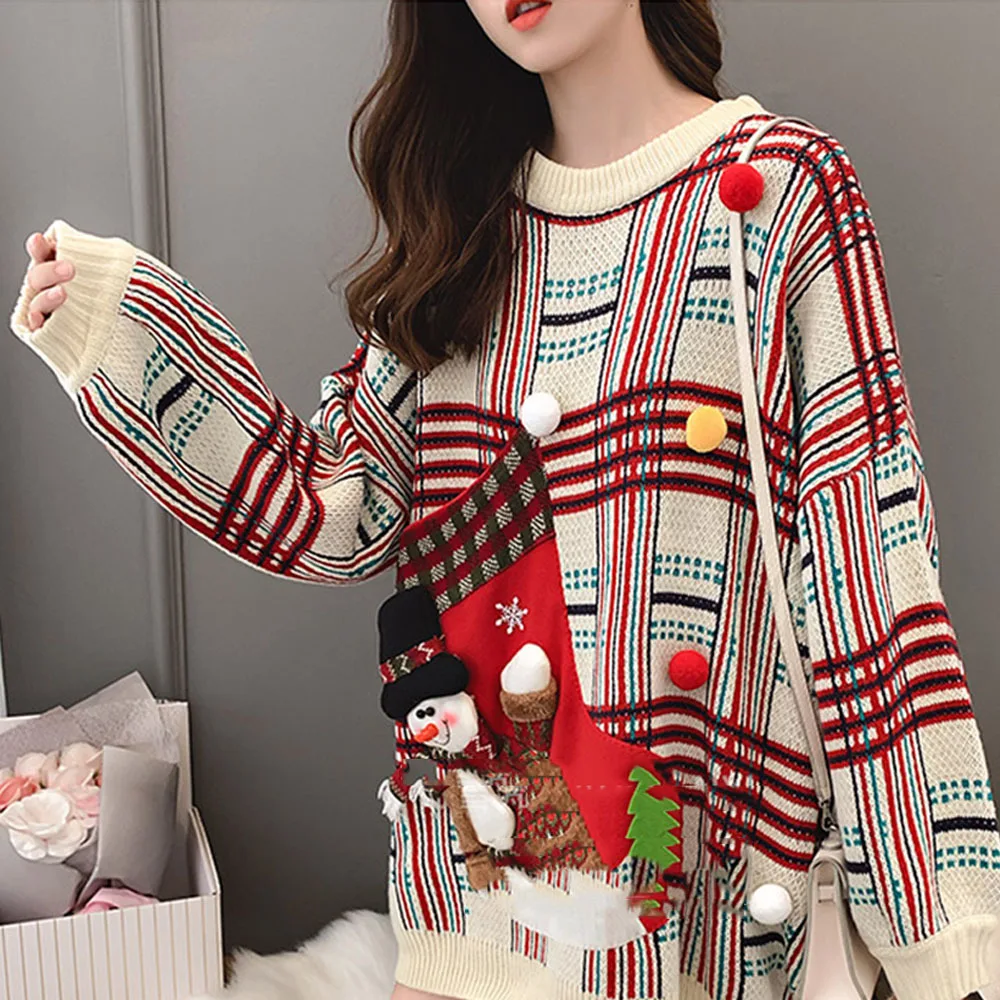 Winter Ugly Christmas Sweaters Pullover Women Jumper Knitted Lovers Red Sweater Long Sleeve O-neck Snowman Top