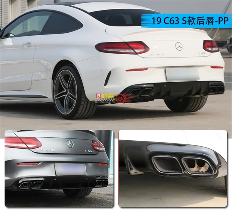 High Quality PP Rear Lip Spoiler & Exhause For Mercedes-Benz C Class W205 COUPE C200 C250 C300 C63 C43 2016-2021 Bumper Diffuser