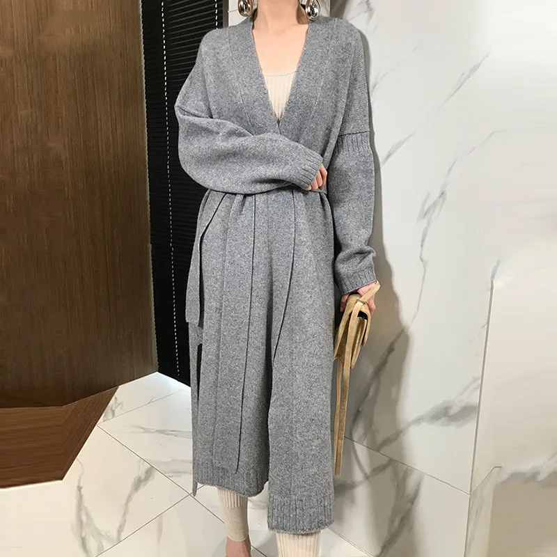 Sungtin 2023 Long Thicken Knitted Cardigans Women with Belt Autumn Winter Casual Sweater Female Fashion Lazy Style Loose Clothes