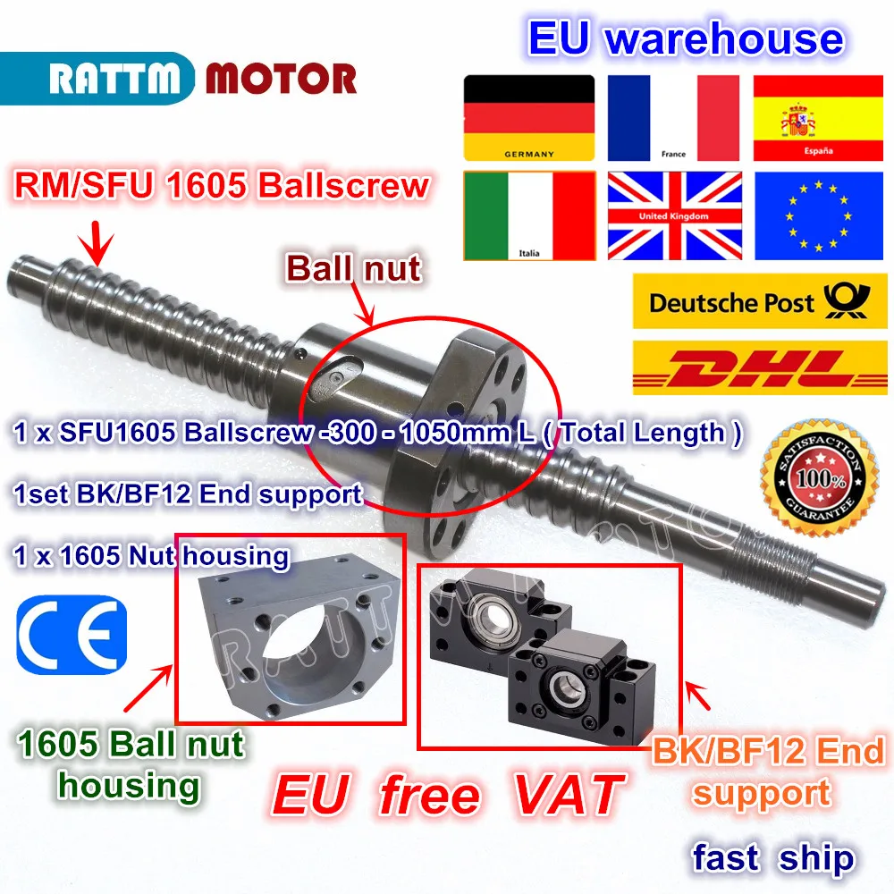 

DE SFU1605 Ballscrew-L300mm/ 500 мм/600 мм/800 мм/1050 мм, Концевая обработка, шариковая гайка, поддержка BK/BF12 и Корпус гайки для фрезерного станка с ЧПУ