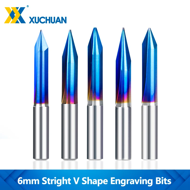 6mm Shank 2 Flutes Straight Engraving Bits Nano Blue Coated V Shape End Mill 15/20/25/30 Degree Tip 0.3-1.0mm CNC Carving Bits