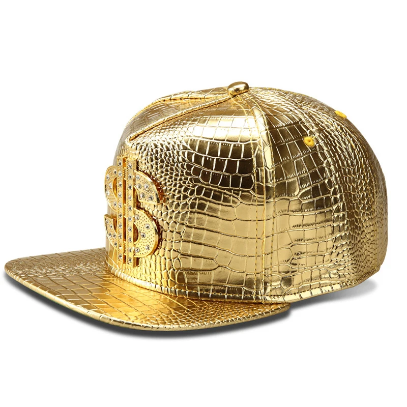 New Style Fashion Snapback Men Flat Brim Golden USD Logo Jewel Multicolor Croco PU Hip Hop Punk Baseball Cap Casual Street Trend