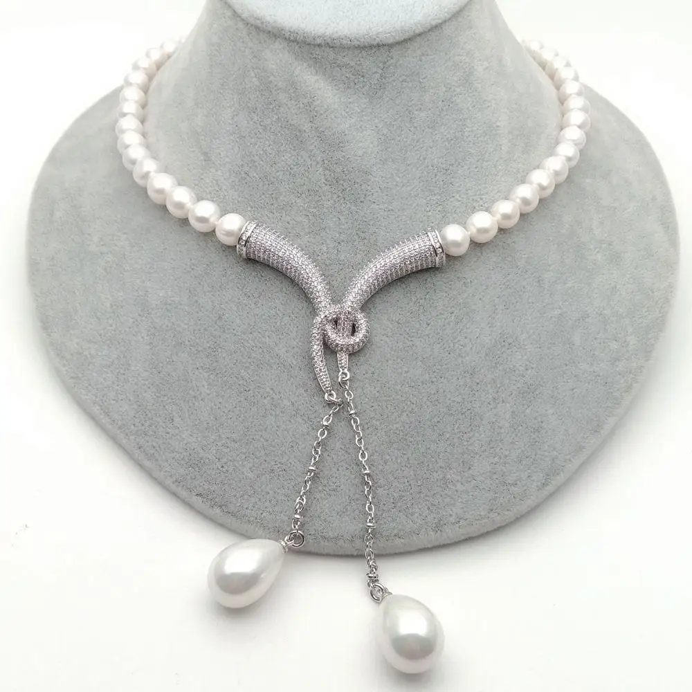 

20" Cultured White Pearl freshwater chokers Necklace White Sea Shell Pearl Cubic Zirconia pave silver color plated connector